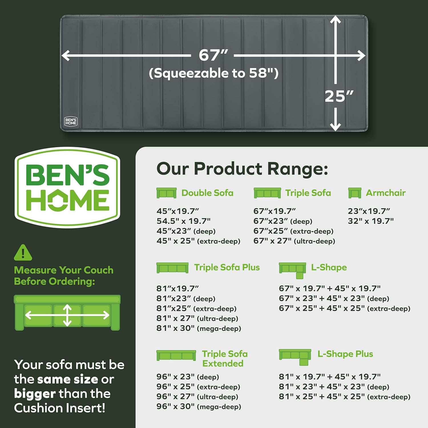 BEN'SHOME Heavy Duty Couch Cushion Support Board – Instantly Repair Sagging Deep Sofa Seat | 25 x 58-67 | .5 Furniture Grade Wood Under Cushions Insert, Anti-Slip, Extend Sofas & Couches Life